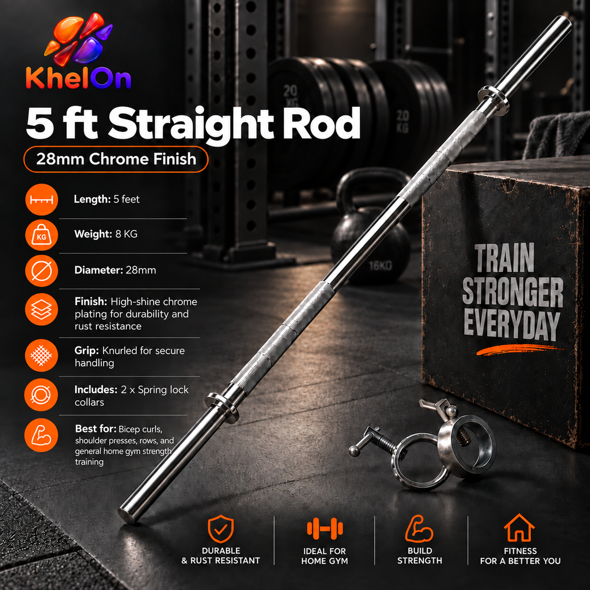KhelOn - 5 Ft Chrome Steel Weight Lifting Rod – 28mm with Spring Collars